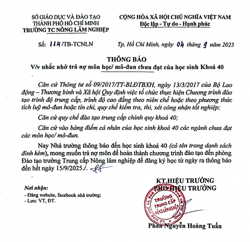 Thông báo nhắc nhở học sinh khóa 40 trả nợ môn học